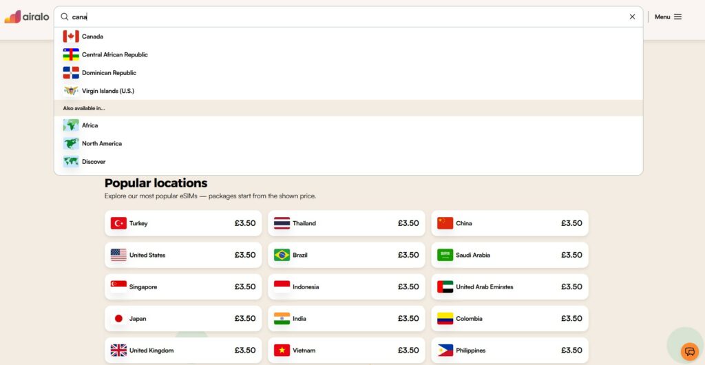 screenshot of the airalo esim search page with numerous countries listed