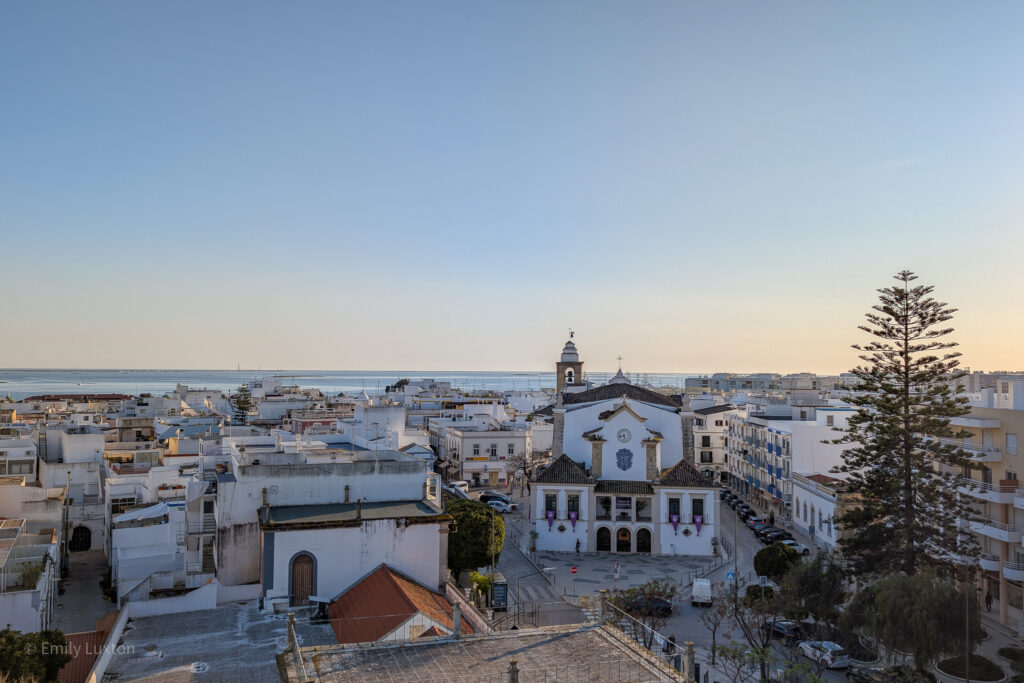 View of Olhao town centre from on high with a large white church at the centre | 3 days in the algarve
