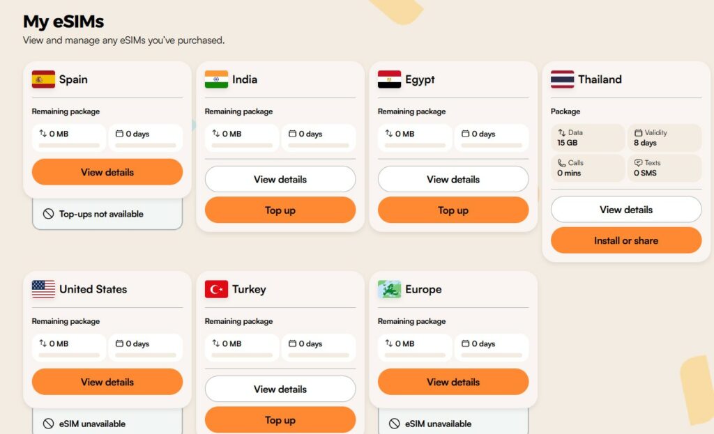 Screenshot from the Airalo website showing a list of expired esIM packages