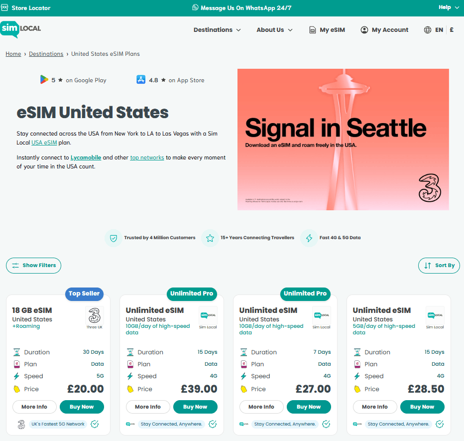 Screenshot of the Sim Local USA eSIMs page