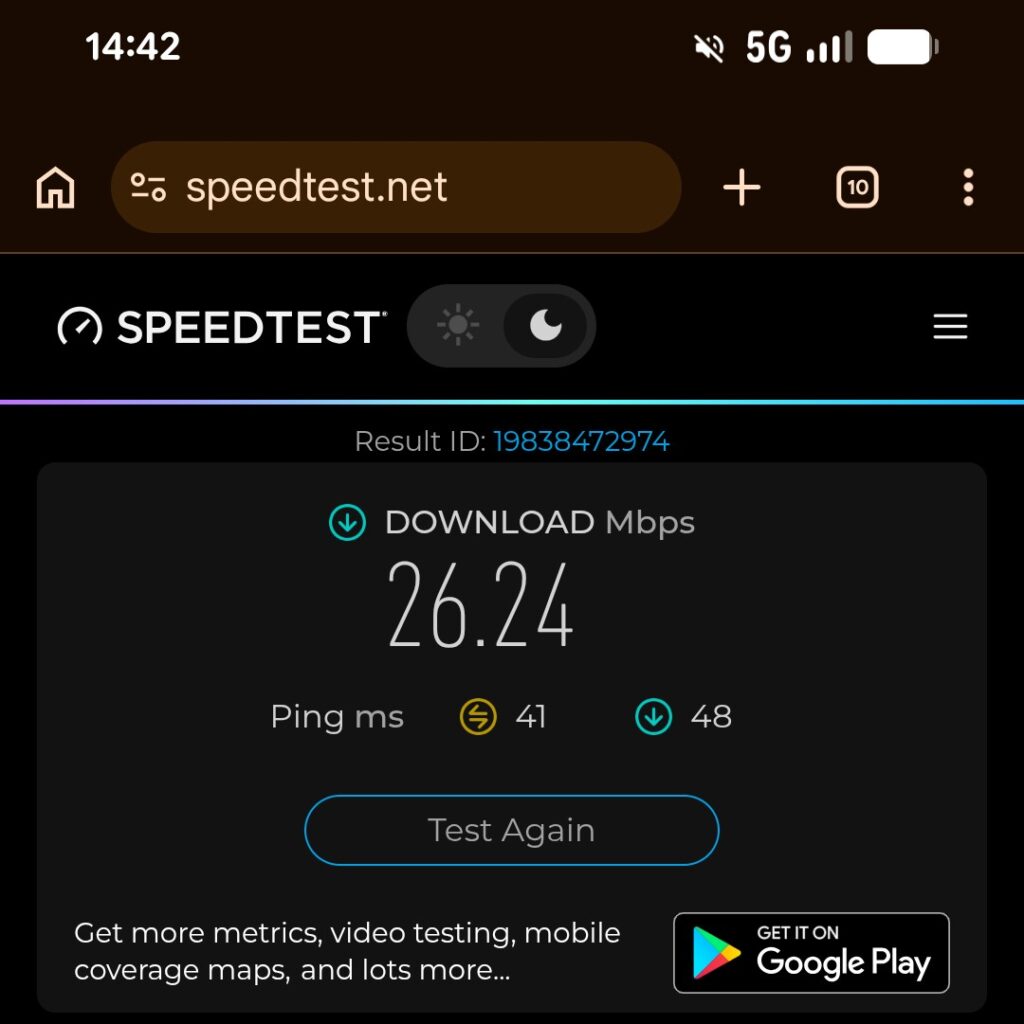 Screenshot showing an internet speed test with 26.24mbps download speed