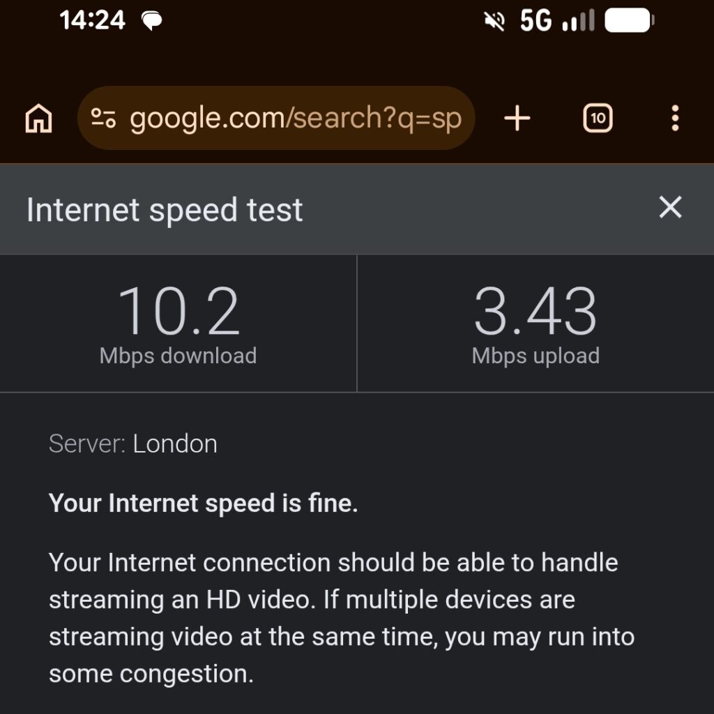 Screenshot showing an internet speed test with 10.2mbps download speed and 3.43 upload speed