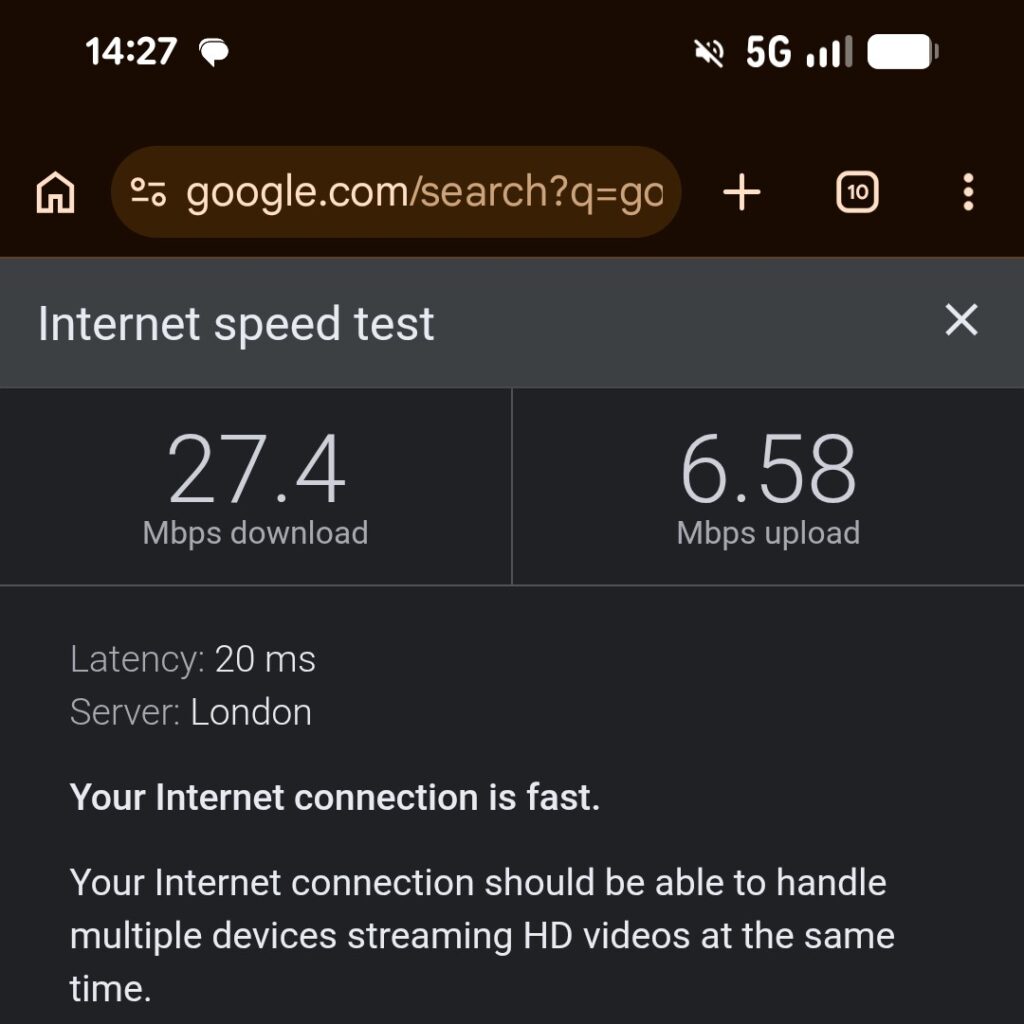 Screenshot showing an internet speed test with 27.4mbps download speed and 6.58 upload speed